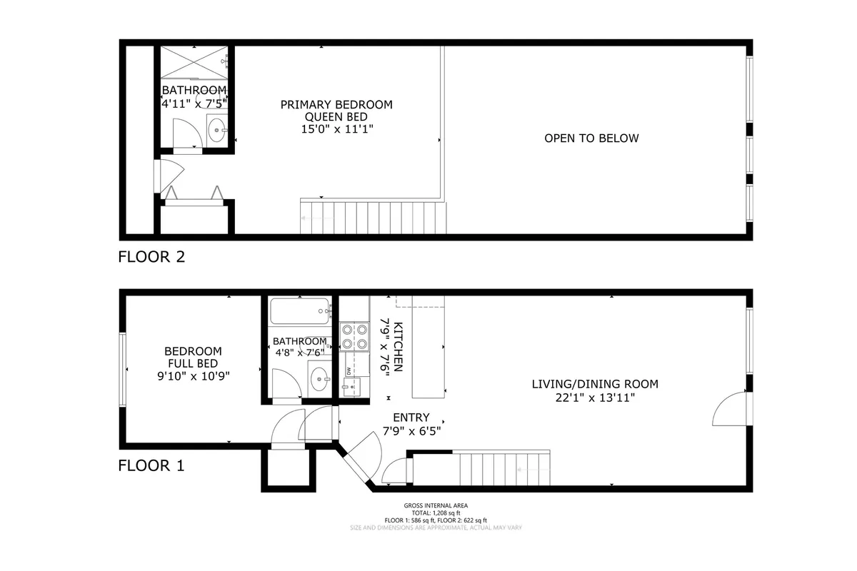 This interior shot showcases the primary bedroom, living and dining area, kitchen, and a welcoming entry area. The layout is spacious and practical, evoking a sense of homey comfort ideal for family gatherings, relaxation, and meal preparation.